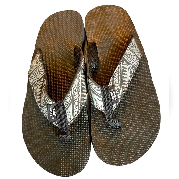 Surf Ware Mens Hawaiian Flip Flops Tapa Cloth Print Straps Blue Black Sz 12 - Picture 1 of 8